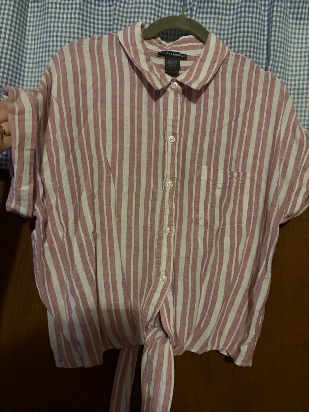 Chelsea and Theodore Pink and White Striped Tie-Front Button Shirt